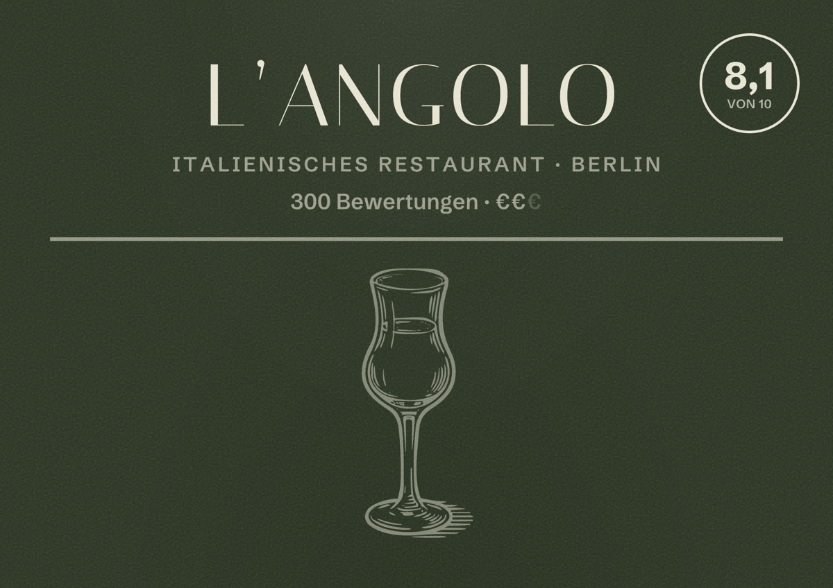 Illustriertes Poster von L’Angolo, Italienisches Restaurant in Berlin: Bewertung 8,1 von 10 aus 300 Bewertungen, Preisniveau €€
