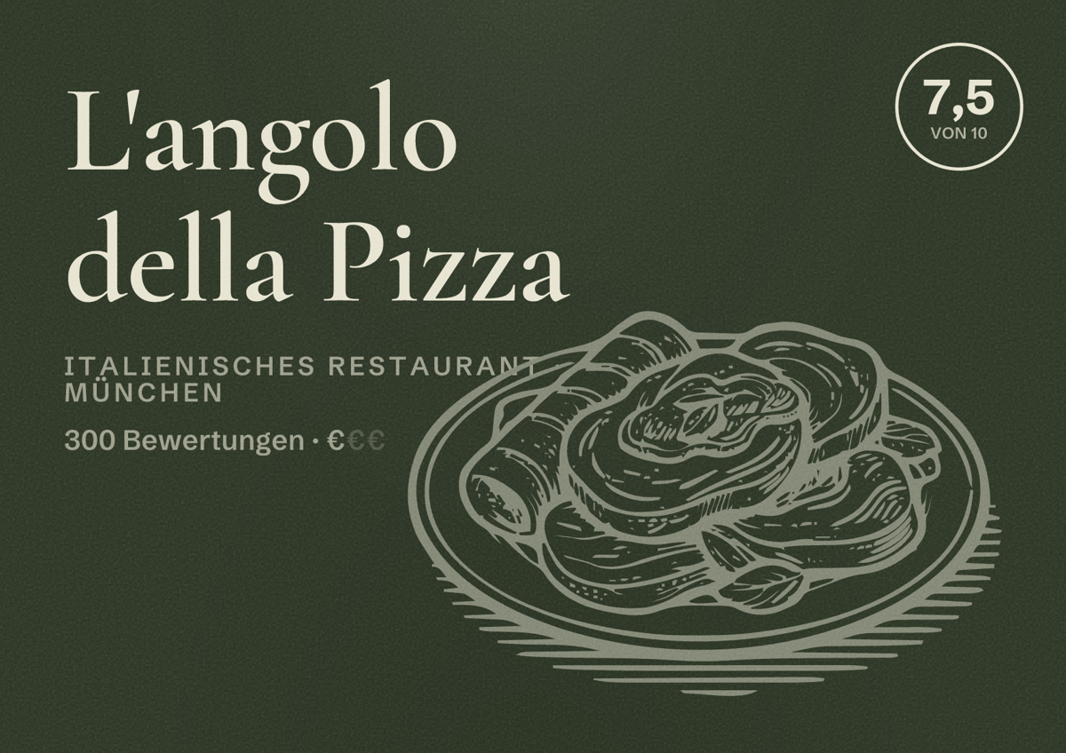 Illustriertes Poster von L'angolo della Pizza, Italienisches Restaurant in München: Bewertung 7,5 von 10 aus 300 Bewertungen, Preisniveau €