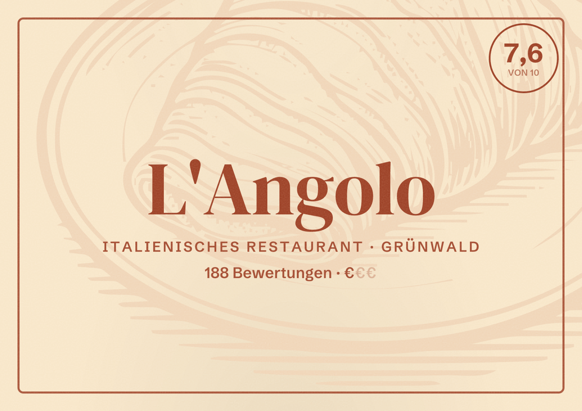 Illustriertes Poster von L'Angolo, Italienisches Restaurant in Grünwald: Bewertung 7,6 von 10 aus 188 Bewertungen, Preisniveau €