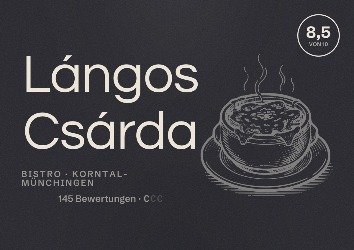Illustriertes Poster von Lángos Csárda, Bistro in Korntal-Münchingen: Bewertung 8,5 von 10 aus 145 Bewertungen, Preisniveau €