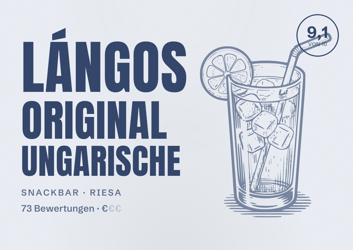 Illustriertes Poster von LÁNGOS original Ungarische, Snackbar in Riesa: Bewertung 9,1 von 10 aus 73 Bewertungen, Preisniveau €
