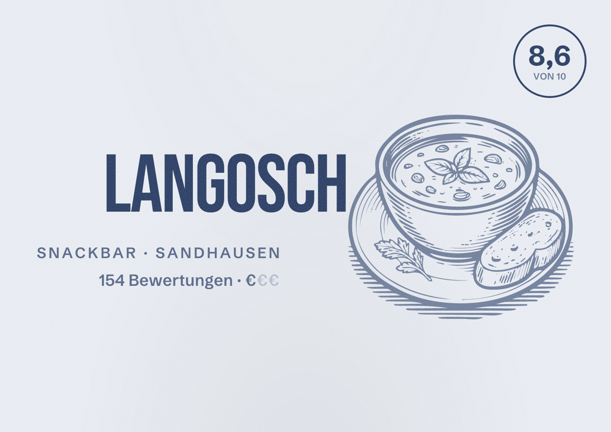 Illustriertes Poster von Langosch​, Snackbar in Sandhausen: Bewertung 8,6 von 10 aus 154 Bewertungen, Preisniveau €
