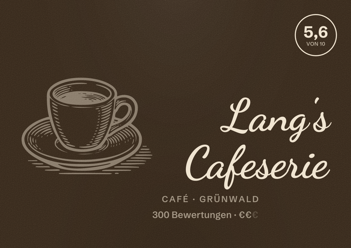 Illustriertes Poster von Lang's Cafeserie, Café in Grünwald: Bewertung 5,6 von 10 aus 300 Bewertungen, Preisniveau €€