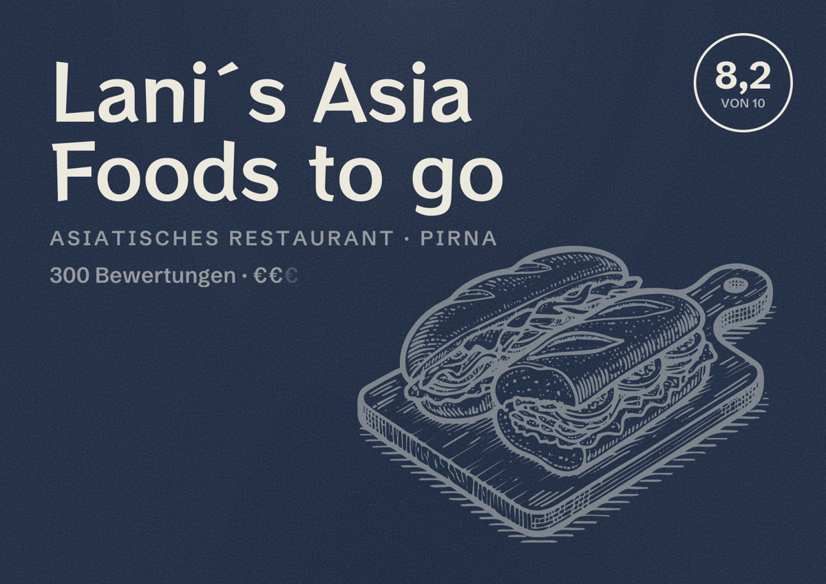 Illustriertes Poster von Lani´s Asia Foods to go, Asiatisches Restaurant in Pirna: Bewertung 8,2 von 10 aus 300 Bewertungen, Preisniveau €€
