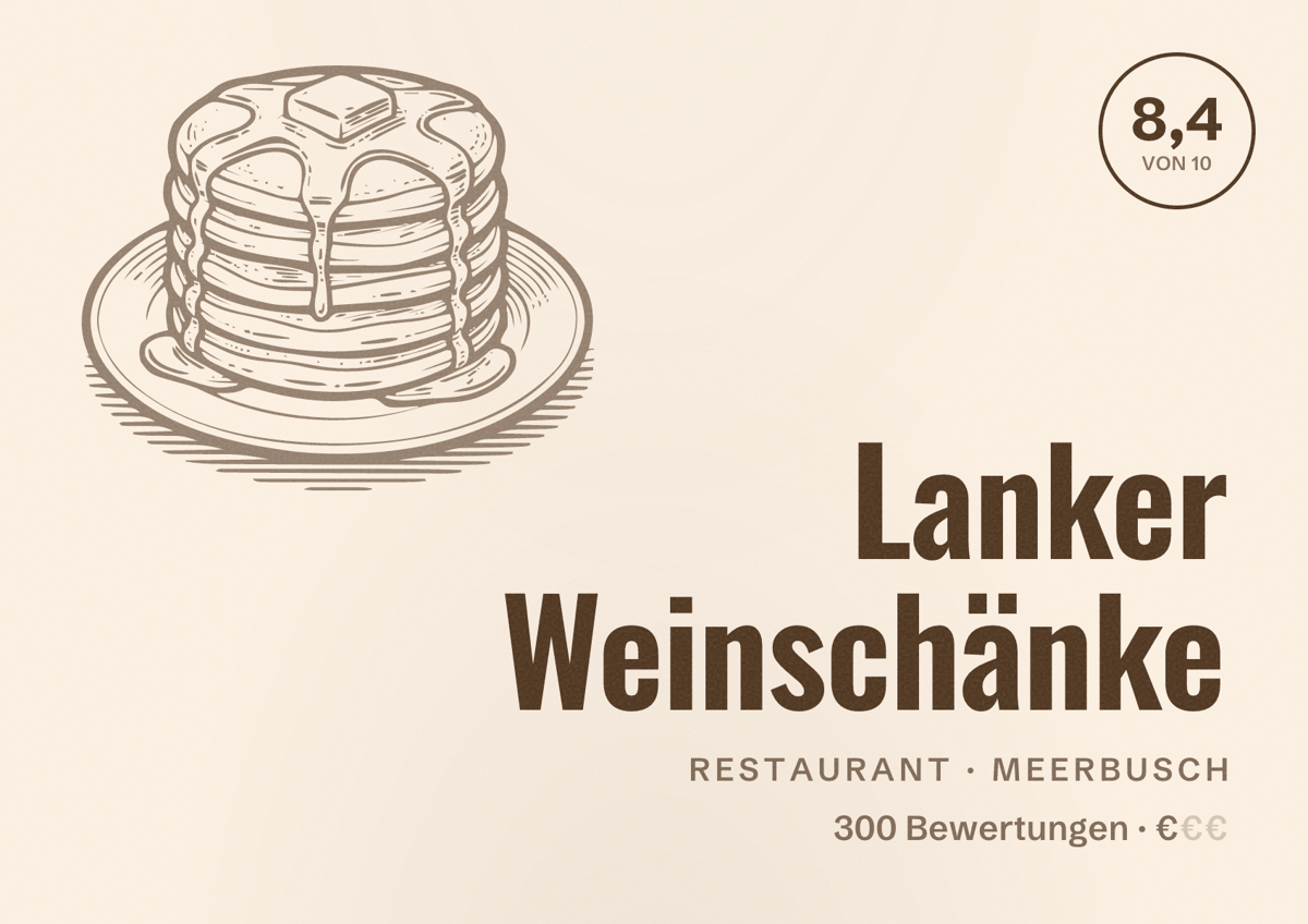 Illustriertes Poster von Lanker Weinschänke, Restaurant in Meerbusch: Bewertung 8,4 von 10 aus 300 Bewertungen, Preisniveau €