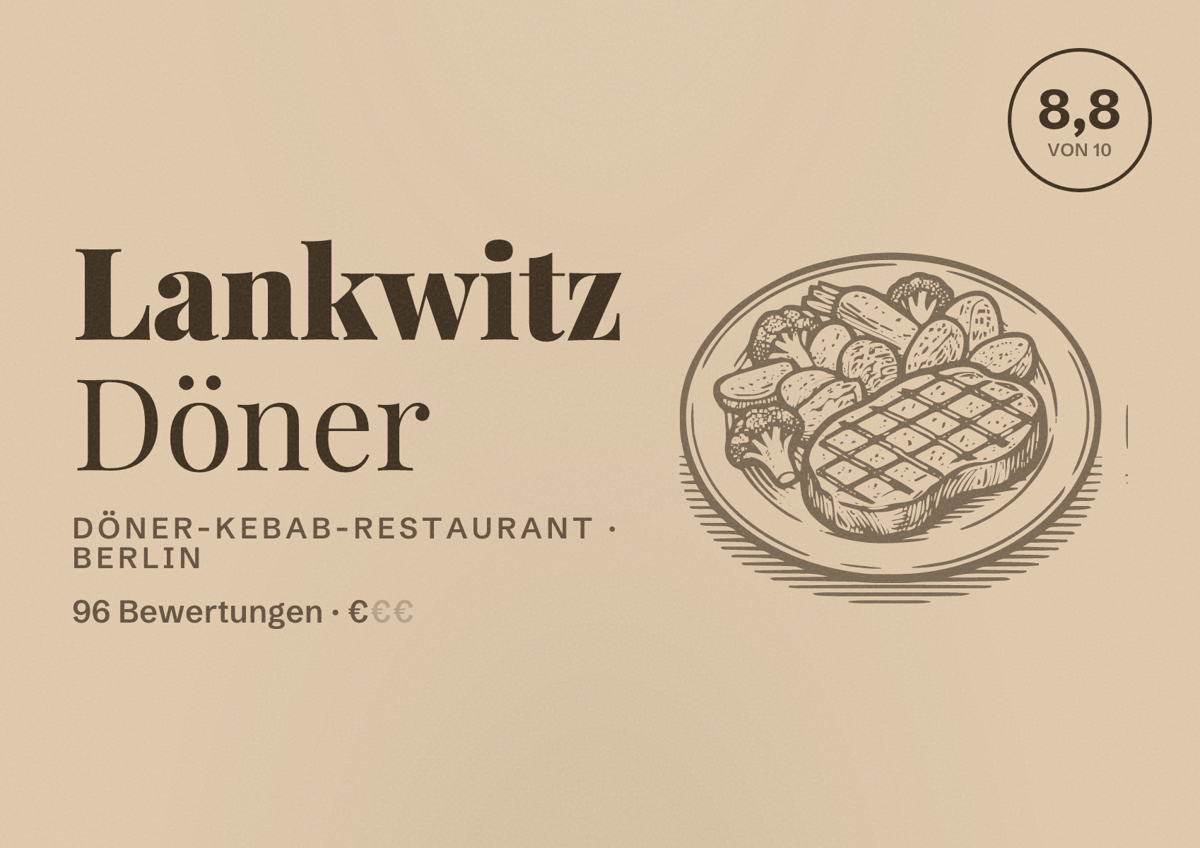 Illustriertes Poster von Lankwitz Döner, Döner-Kebab-Restaurant in Berlin: Bewertung 8,8 von 10 aus 96 Bewertungen, Preisniveau €