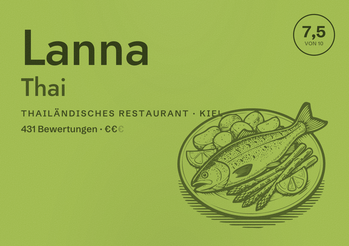 Illustriertes Poster von Lanna Thai, Thailändisches Restaurant in Kiel: Bewertung 7,5 von 10 aus 431 Bewertungen, Preisniveau €€