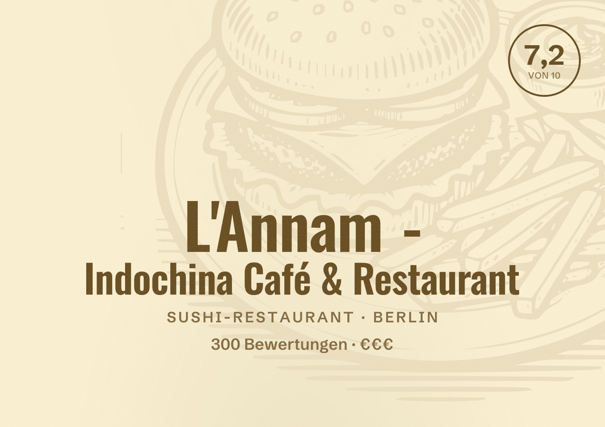 Illustriertes Poster von L'Annam - Indochina Café & Restaurant, Sushi-Restaurant in Berlin: Bewertung 7,2 von 10 aus 300 Bewertungen, Preisniveau €€€