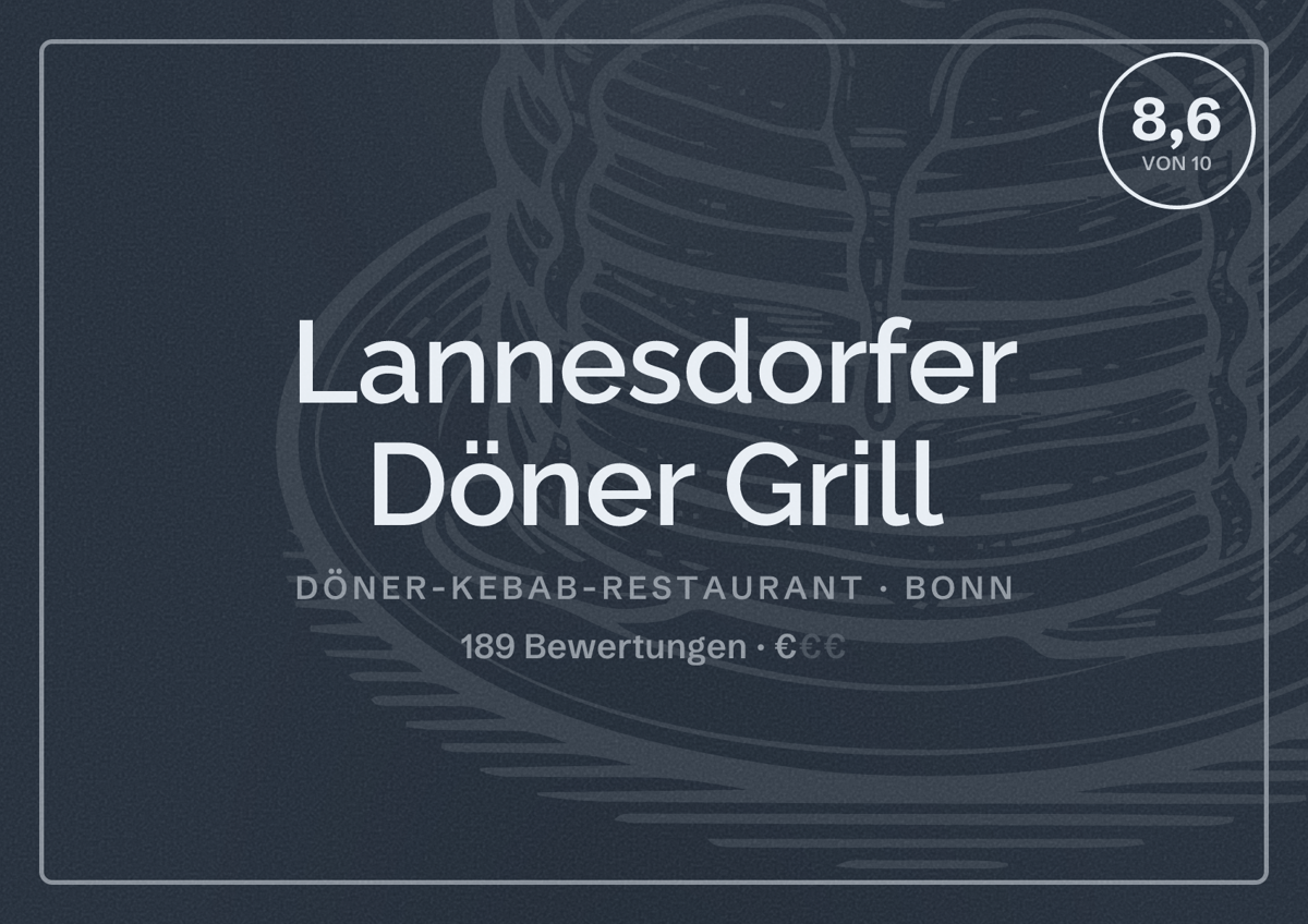 Illustriertes Poster von Lannesdorfer Döner Grill, Döner-Kebab-Restaurant in Bonn: Bewertung 8,6 von 10 aus 189 Bewertungen, Preisniveau €