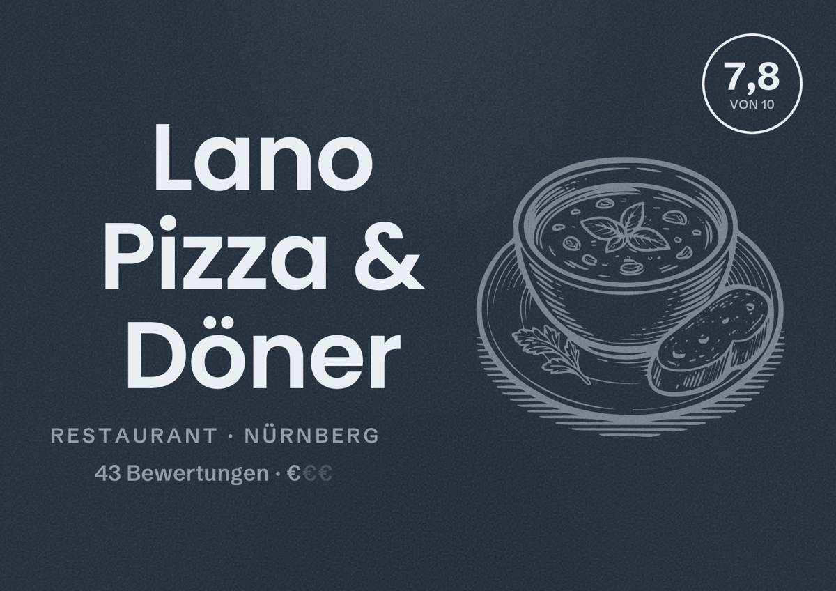 Illustriertes Poster von Lano Pizza & Döner, Restaurant in Nürnberg: Bewertung 7,8 von 10 aus 43 Bewertungen, Preisniveau €