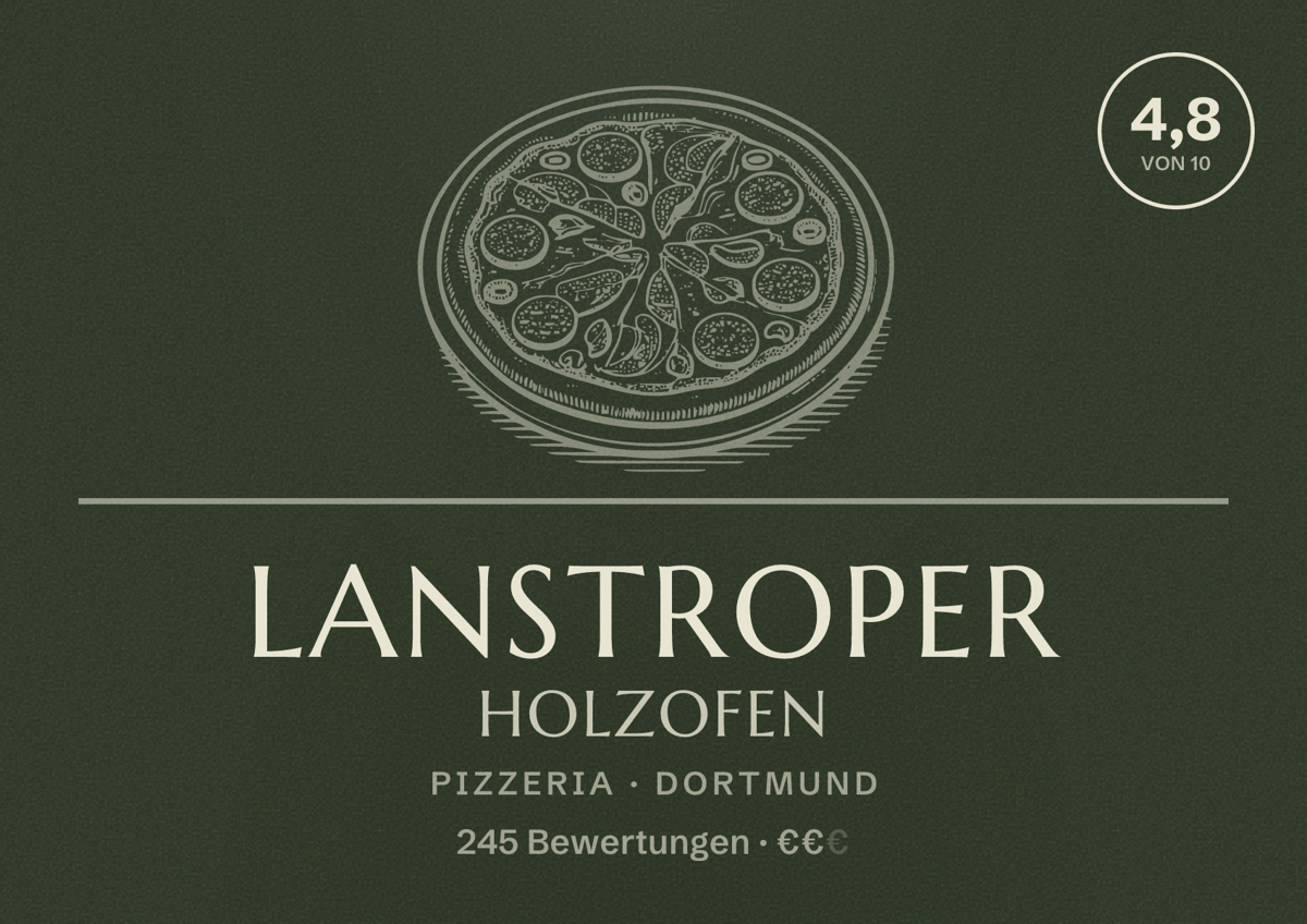 Illustriertes Poster von Lanstroper Holzofen, Pizzeria in Dortmund: Bewertung 4,8 von 10 aus 245 Bewertungen, Preisniveau €€