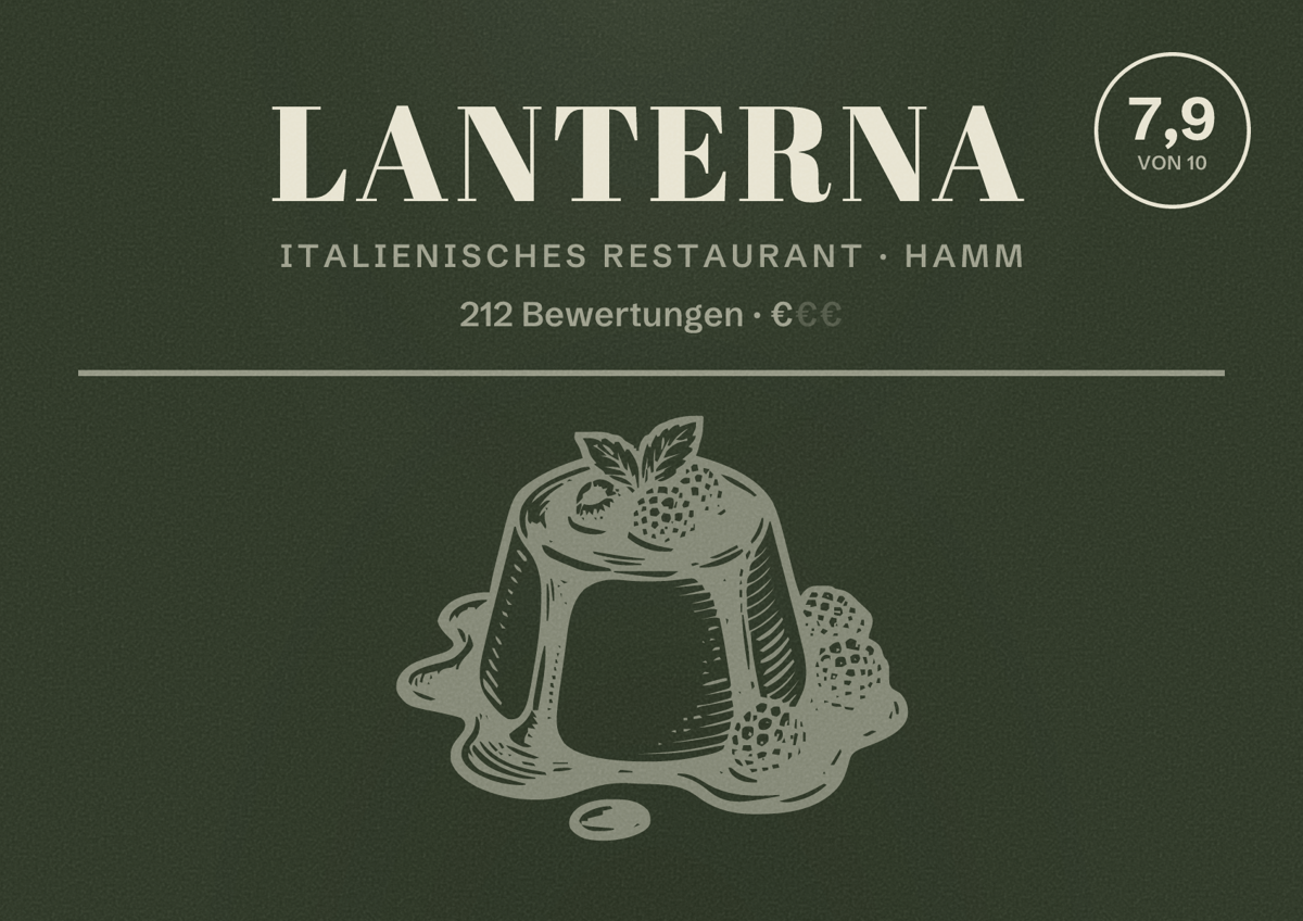 Illustriertes Poster von Lanterna, Italienisches Restaurant in Hamm: Bewertung 7,9 von 10 aus 212 Bewertungen, Preisniveau €
