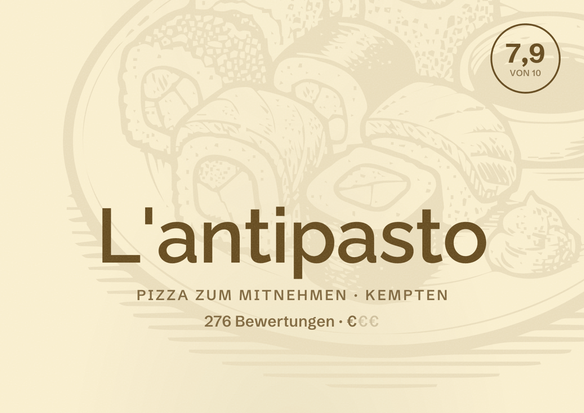 Illustriertes Poster von L'antipasto, Pizza zum Mitnehmen in Kempten: Bewertung 7,9 von 10 aus 276 Bewertungen, Preisniveau €
