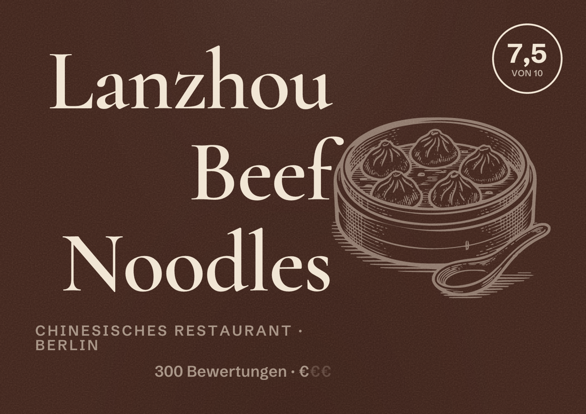 Illustriertes Poster von Lanzhou Beef Noodles, Chinesisches Restaurant in Berlin: Bewertung 7,5 von 10 aus 300 Bewertungen, Preisniveau €
