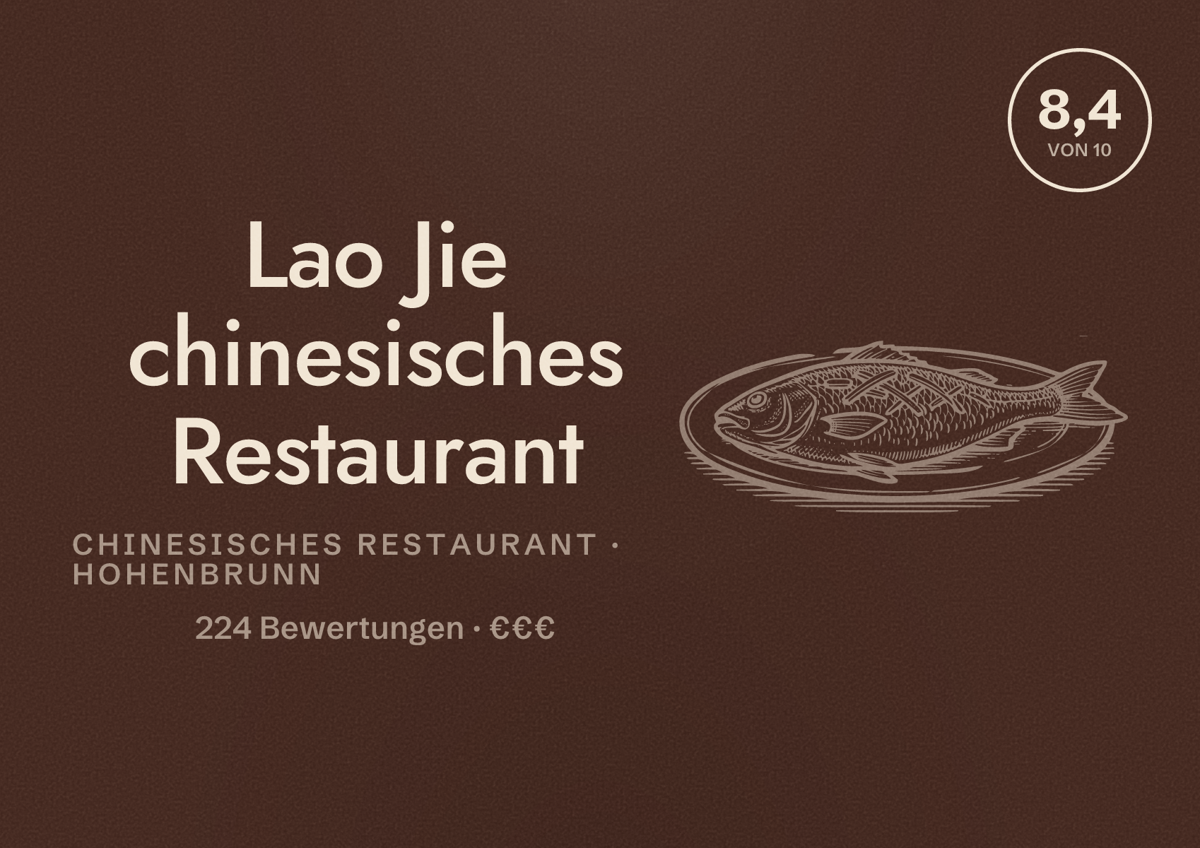 Illustriertes Poster von Lao Jie chinesisches Restaurant, Chinesisches Restaurant in Hohenbrunn: Bewertung 8,4 von 10 aus 224 Bewertungen, Preisniveau €€€