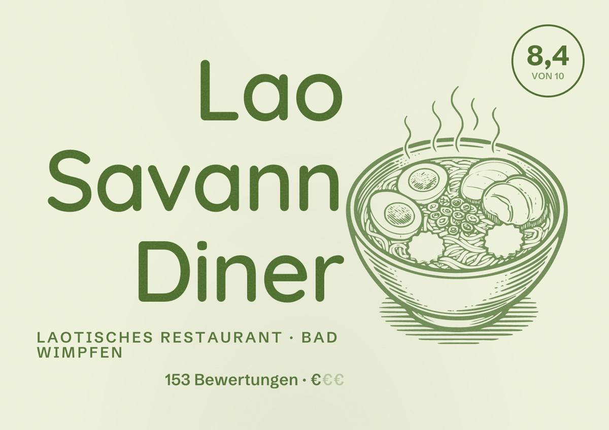 Illustriertes Poster von Lao Savann Diner, Laotisches Restaurant in Bad Wimpfen: Bewertung 8,4 von 10 aus 153 Bewertungen, Preisniveau €