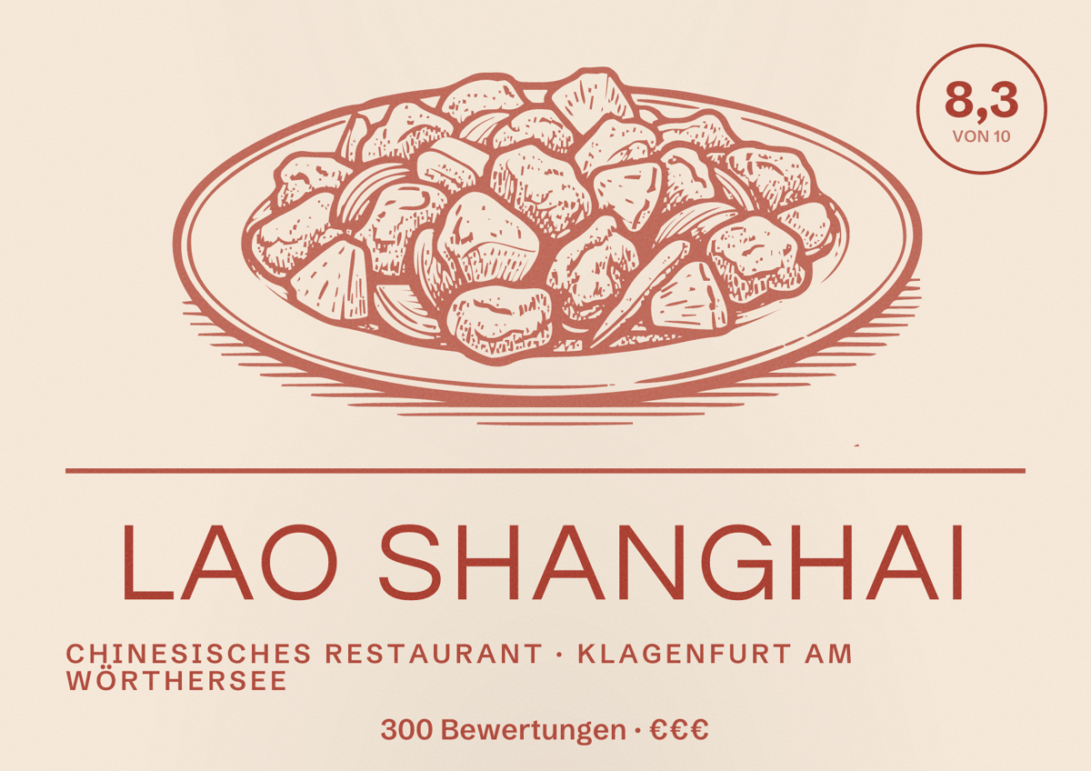 Illustriertes Poster von Lao Shanghai, Chinesisches Restaurant in Klagenfurt am Wörthersee: Bewertung 8,3 von 10 aus 300 Bewertungen, Preisniveau €€€