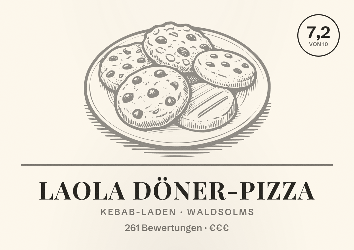 Illustriertes Poster von Laola Döner-Pizza, Kebab-Laden in Waldsolms: Bewertung 7,2 von 10 aus 261 Bewertungen, Preisniveau €€€