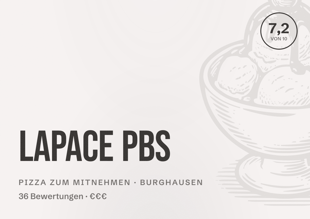 Illustriertes Poster von Lapace PBS, Pizza zum Mitnehmen in Burghausen: Bewertung 7,2 von 10 aus 36 Bewertungen, Preisniveau €€€