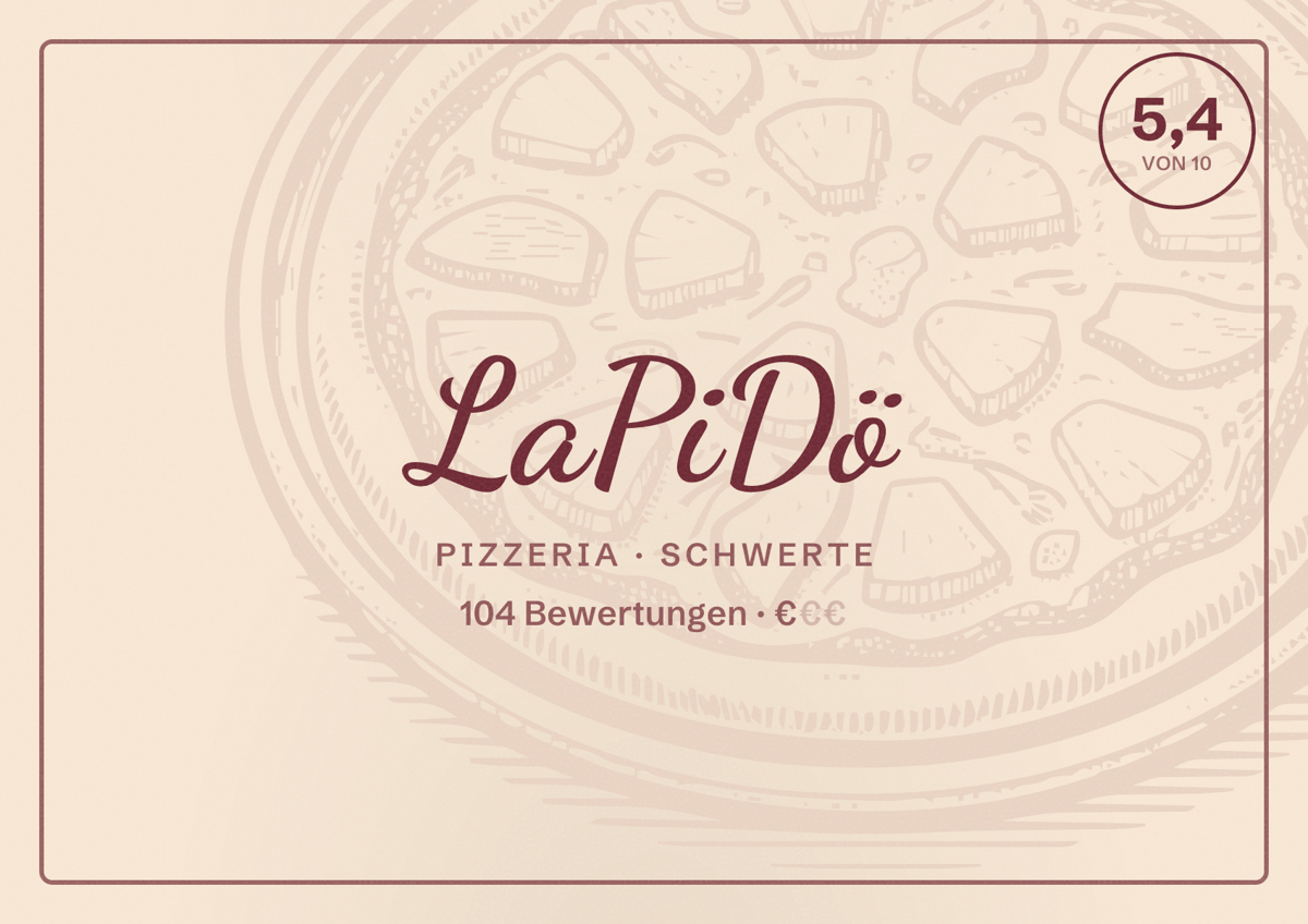 Illustriertes Poster von LaPiDö, Pizzeria in Schwerte: Bewertung 5,4 von 10 aus 104 Bewertungen, Preisniveau €