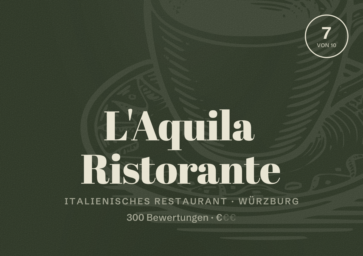 Illustriertes Poster von L'Aquila Ristorante, Italienisches Restaurant in Würzburg: Bewertung 7 von 10 aus 300 Bewertungen, Preisniveau €