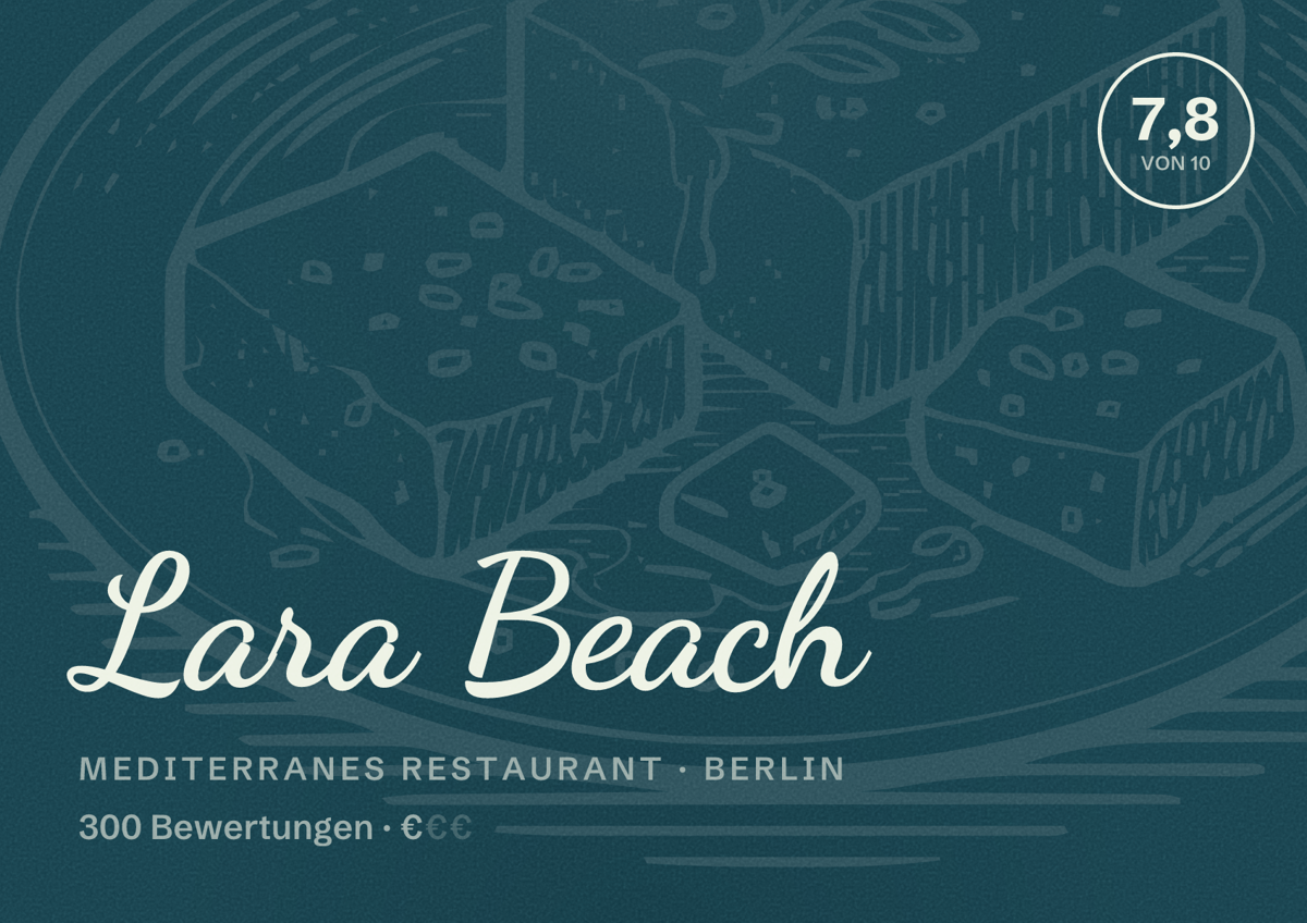 Illustriertes Poster von Lara Beach, Mediterranes Restaurant in Berlin: Bewertung 7,8 von 10 aus 300 Bewertungen, Preisniveau €