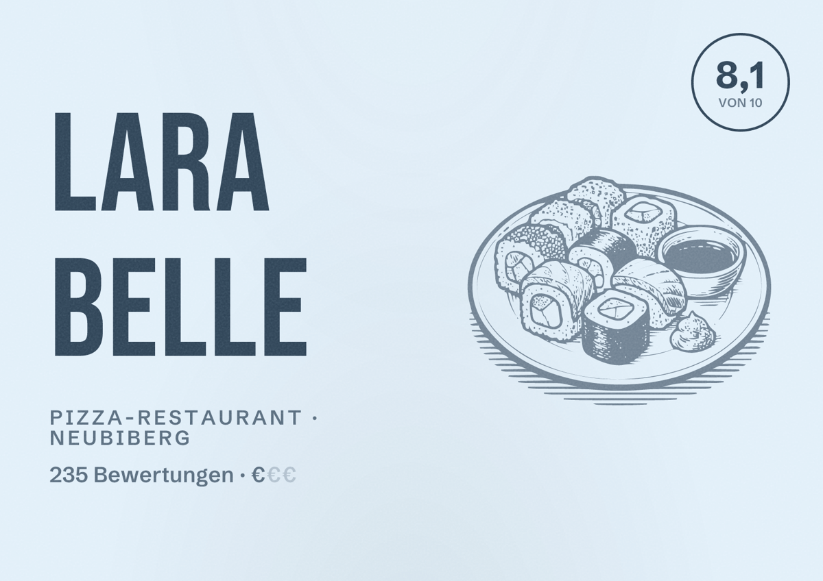Illustriertes Poster von Lara Belle, Pizza-Restaurant in Neubiberg: Bewertung 8,1 von 10 aus 235 Bewertungen, Preisniveau €