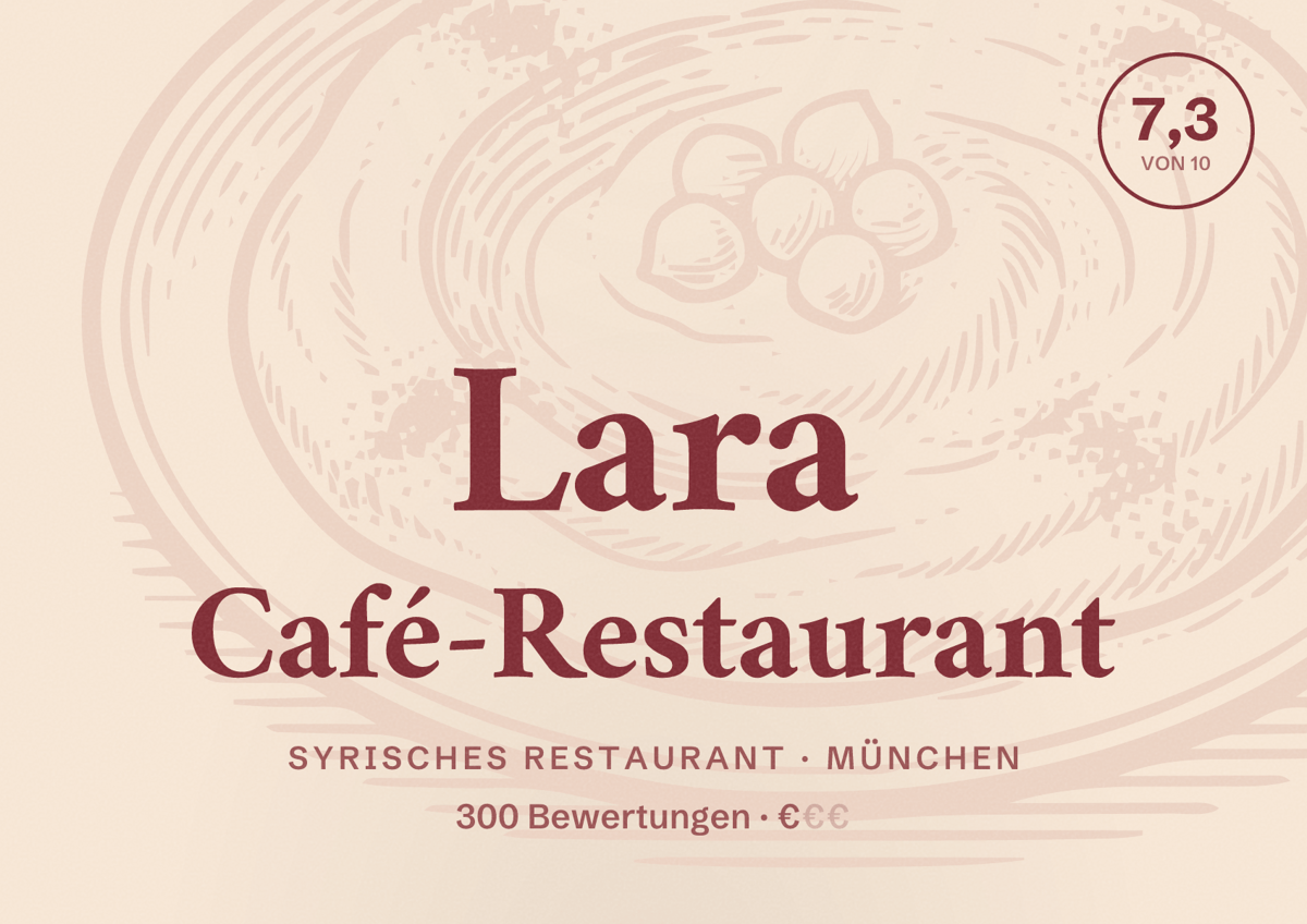 Illustriertes Poster von Lara Café-Restaurant, Syrisches Restaurant in München: Bewertung 7,3 von 10 aus 300 Bewertungen, Preisniveau €
