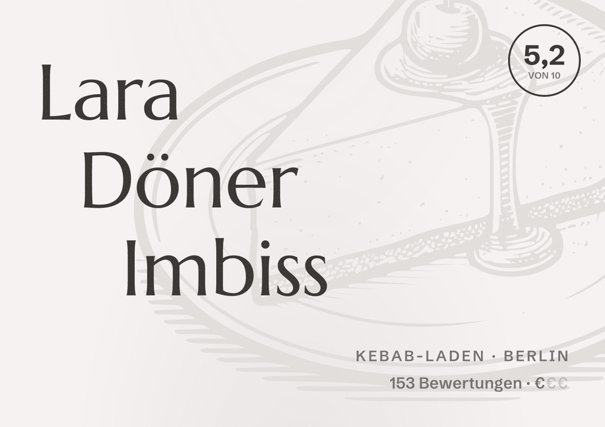 Illustriertes Poster von Lara Döner Imbiss, Kebab-Laden in Berlin: Bewertung 5,2 von 10 aus 153 Bewertungen, Preisniveau €