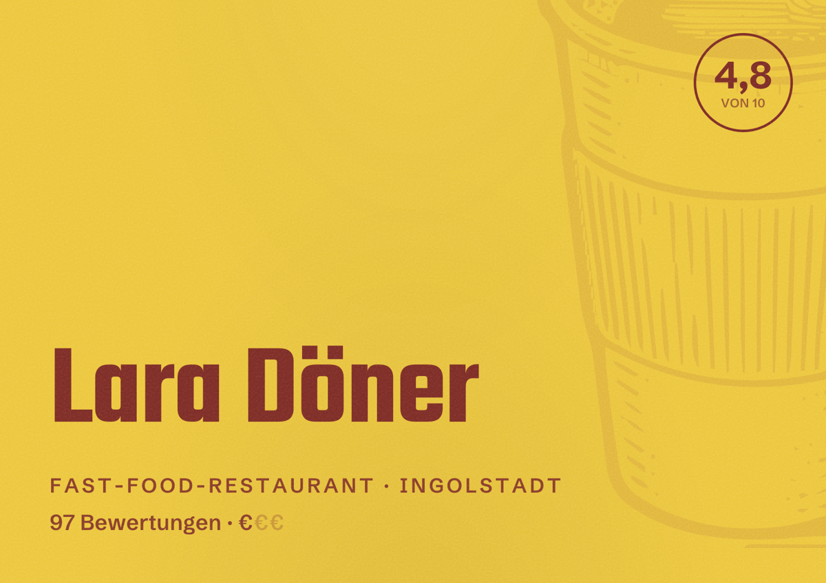 Illustriertes Poster von Lara Döner, Fast-Food-Restaurant in Ingolstadt: Bewertung 4,8 von 10 aus 97 Bewertungen, Preisniveau €
