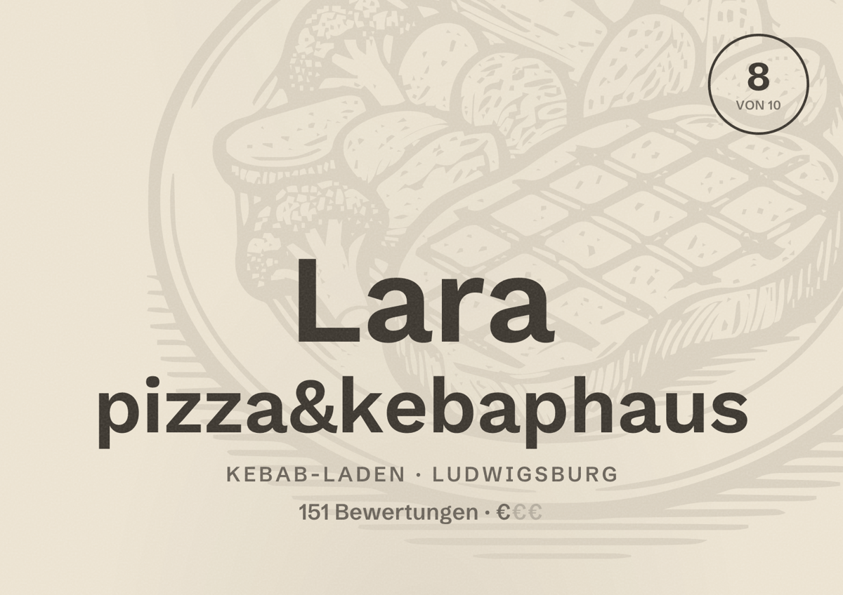Illustriertes Poster von Lara pizza&kebaphaus, Kebab-Laden in Ludwigsburg: Bewertung 8 von 10 aus 151 Bewertungen, Preisniveau €