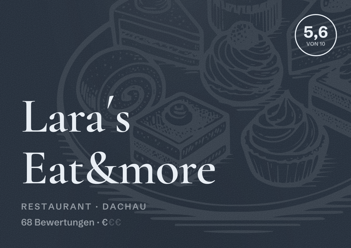 Illustriertes Poster von Lara´s Eat&more, Restaurant in Dachau: Bewertung 5,6 von 10 aus 68 Bewertungen, Preisniveau €