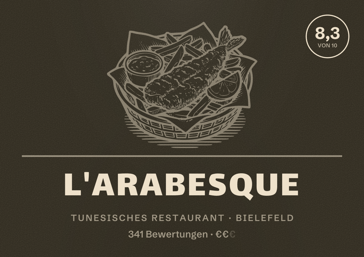 Illustriertes Poster von L'arabesque, Tunesisches Restaurant in Bielefeld: Bewertung 8,3 von 10 aus 341 Bewertungen, Preisniveau €€