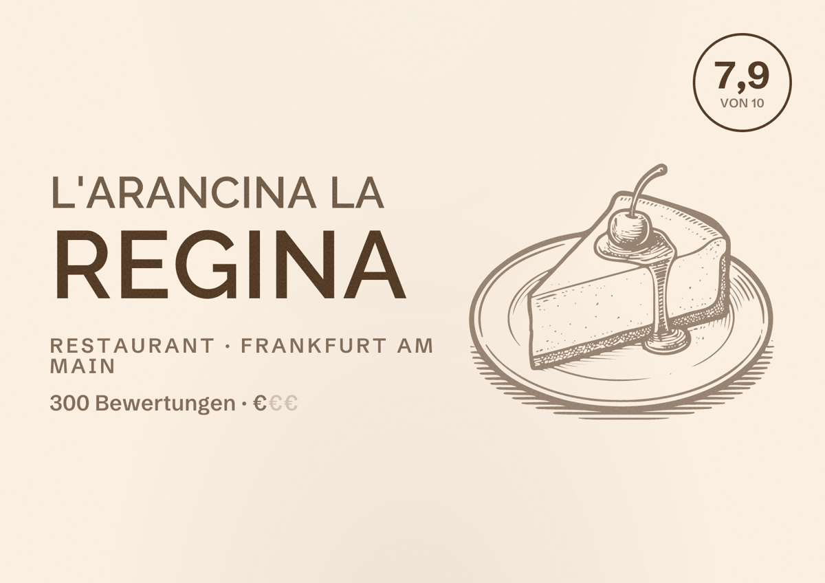 Illustriertes Poster von L'arancina la regina, Restaurant in Frankfurt am Main: Bewertung 7,9 von 10 aus 300 Bewertungen, Preisniveau €