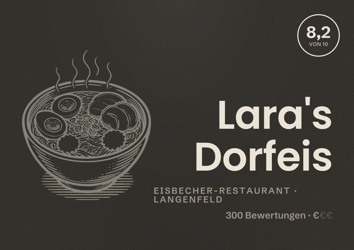Illustriertes Poster von Lara's Dorfeis, Eisbecher-Restaurant in Langenfeld: Bewertung 8,2 von 10 aus 300 Bewertungen, Preisniveau €