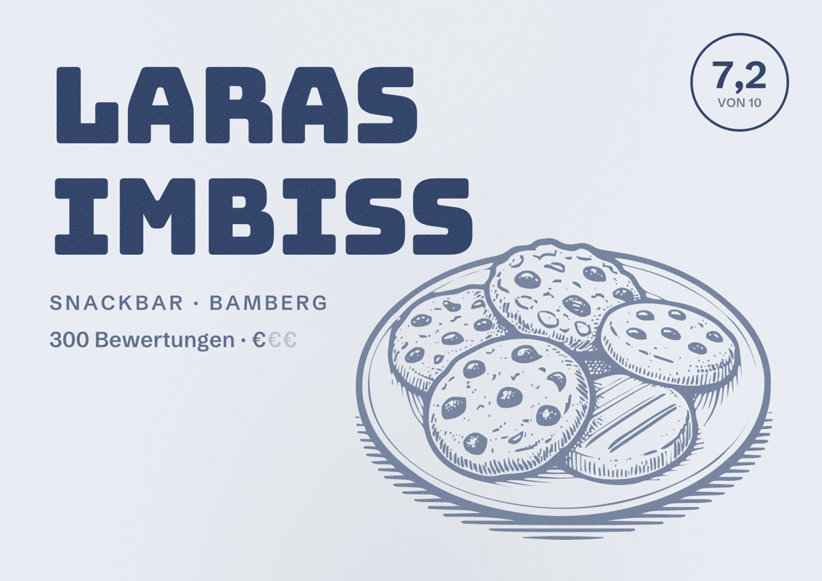 Illustriertes Poster von Laras Imbiss, Snackbar in Bamberg: Bewertung 7,2 von 10 aus 300 Bewertungen, Preisniveau €