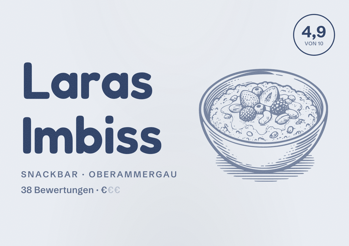 Illustriertes Poster von Laras Imbiss, Snackbar in Oberammergau: Bewertung 4,9 von 10 aus 38 Bewertungen, Preisniveau €