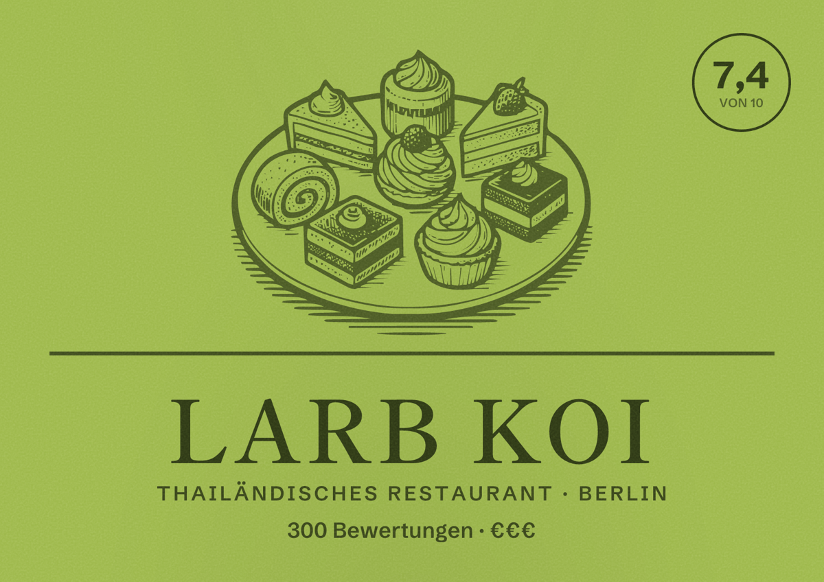 Illustriertes Poster von Larb Koi, Thailändisches Restaurant in Berlin: Bewertung 7,4 von 10 aus 300 Bewertungen, Preisniveau €€€