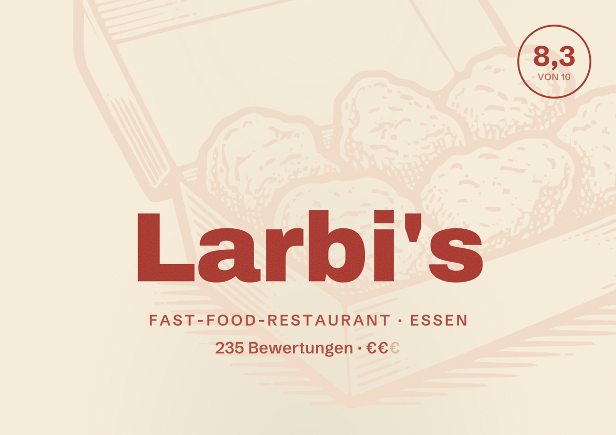 Illustriertes Poster von Larbi's, Fast-Food-Restaurant in Essen: Bewertung 8,3 von 10 aus 235 Bewertungen, Preisniveau €€