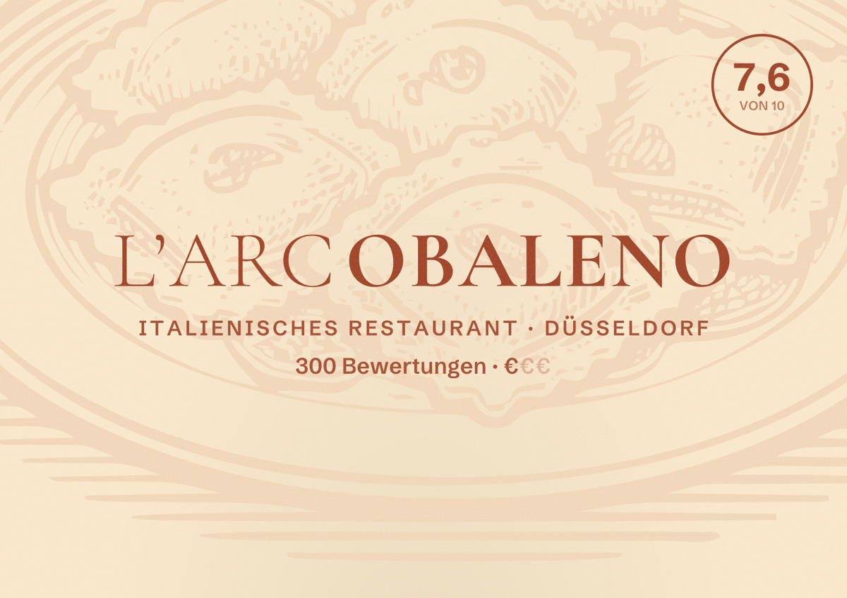 Illustriertes Poster von L’arcobaleno, Italienisches Restaurant in Düsseldorf: Bewertung 7,6 von 10 aus 300 Bewertungen, Preisniveau €