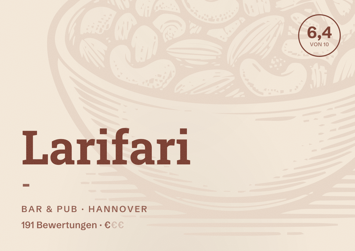 Illustriertes Poster von Larifari -, Bar & Pub in Hannover: Bewertung 6,4 von 10 aus 191 Bewertungen, Preisniveau €