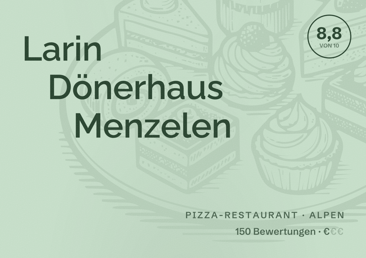 Illustriertes Poster von Larin Dönerhaus Menzelen, Pizza-Restaurant in Alpen: Bewertung 8,8 von 10 aus 150 Bewertungen, Preisniveau €