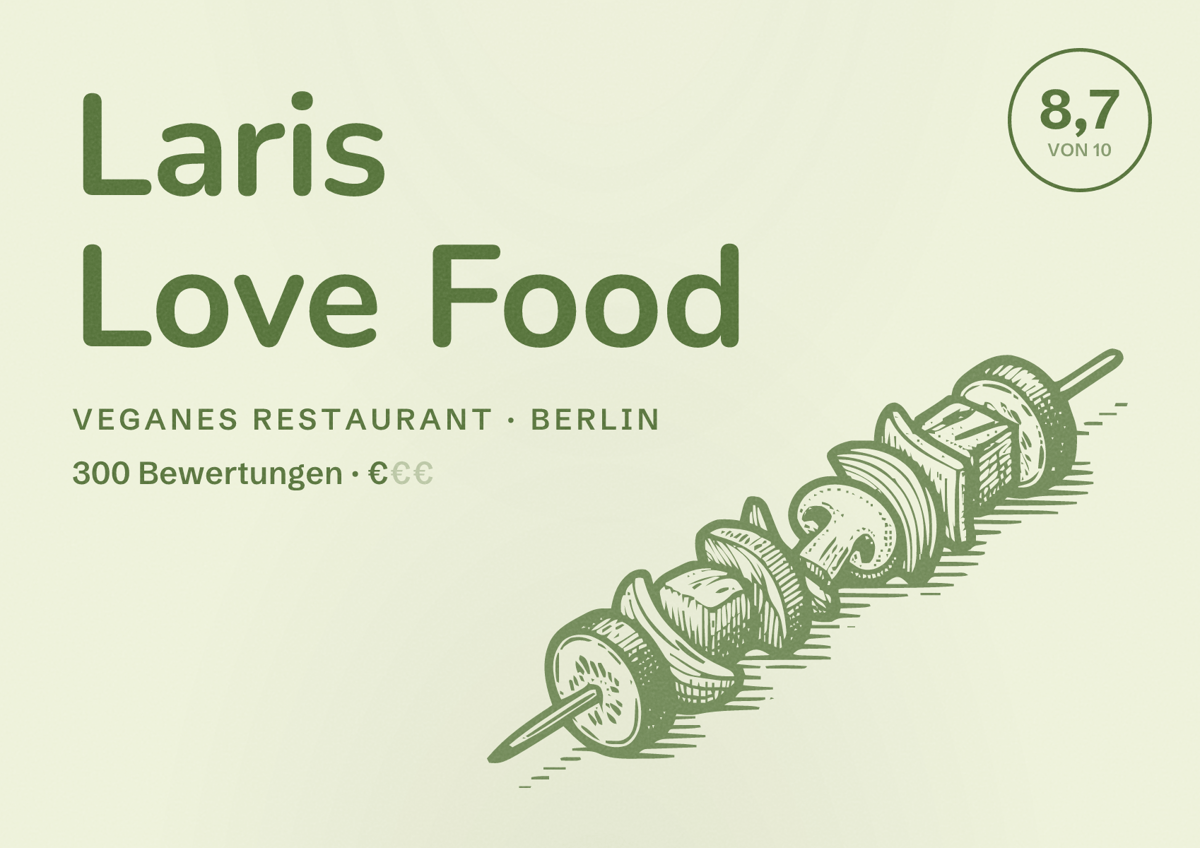 Illustriertes Poster von Laris Love Food, Veganes Restaurant in Berlin: Bewertung 8,7 von 10 aus 300 Bewertungen, Preisniveau €