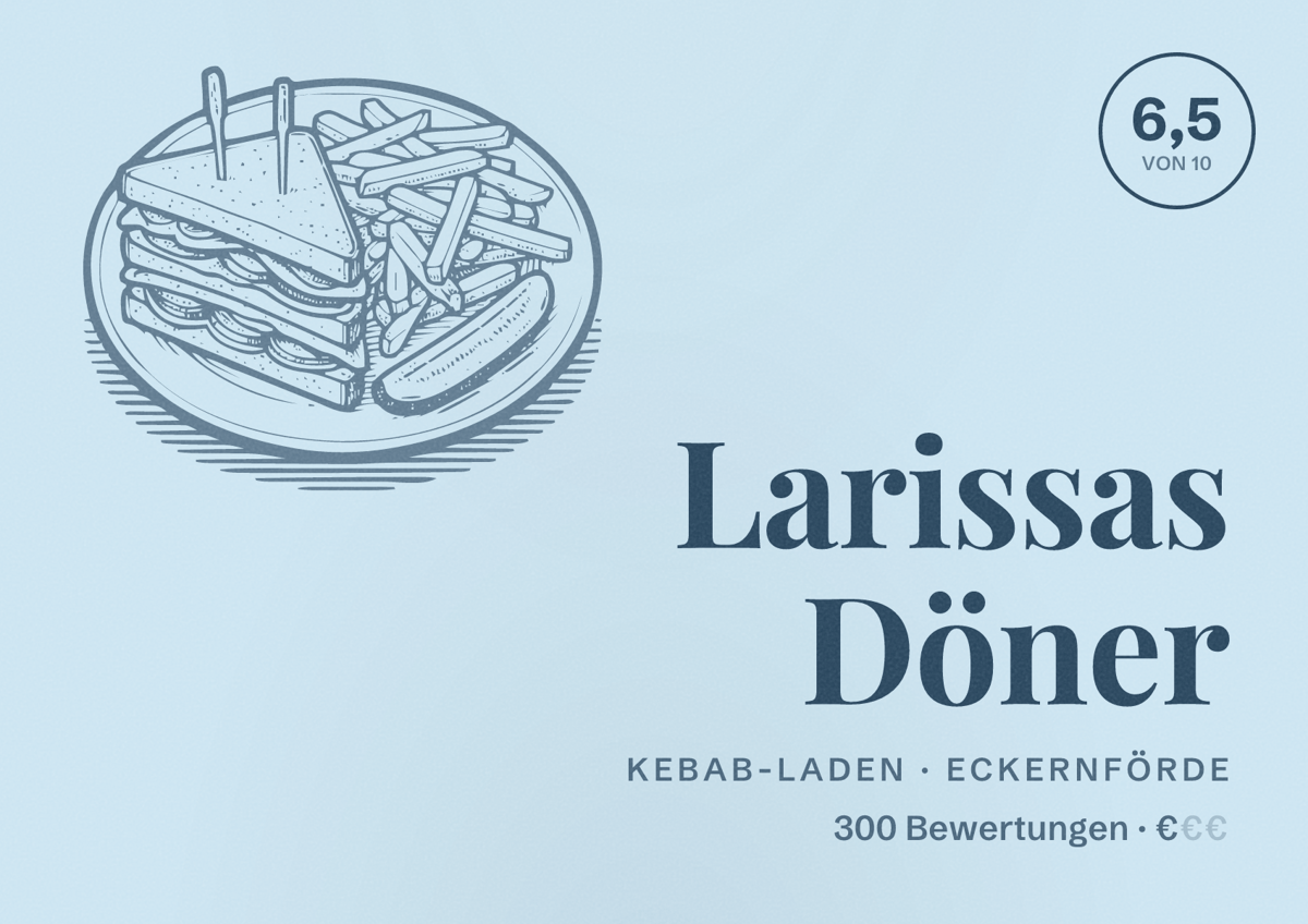 Illustriertes Poster von Larissas Döner, Kebab-Laden in Eckernförde: Bewertung 6,5 von 10 aus 300 Bewertungen, Preisniveau €