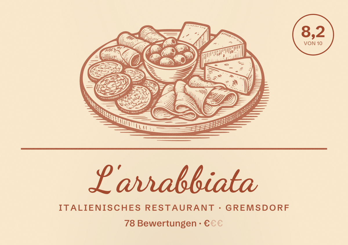 Illustriertes Poster von L'arrabbiata, Italienisches Restaurant in Gremsdorf: Bewertung 8,2 von 10 aus 78 Bewertungen, Preisniveau €