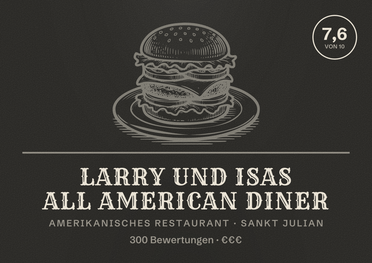 Illustriertes Poster von Larry und Isas All American Diner, Amerikanisches Restaurant in Sankt Julian: Bewertung 7,6 von 10 aus 300 Bewertungen, Preisniveau €€€