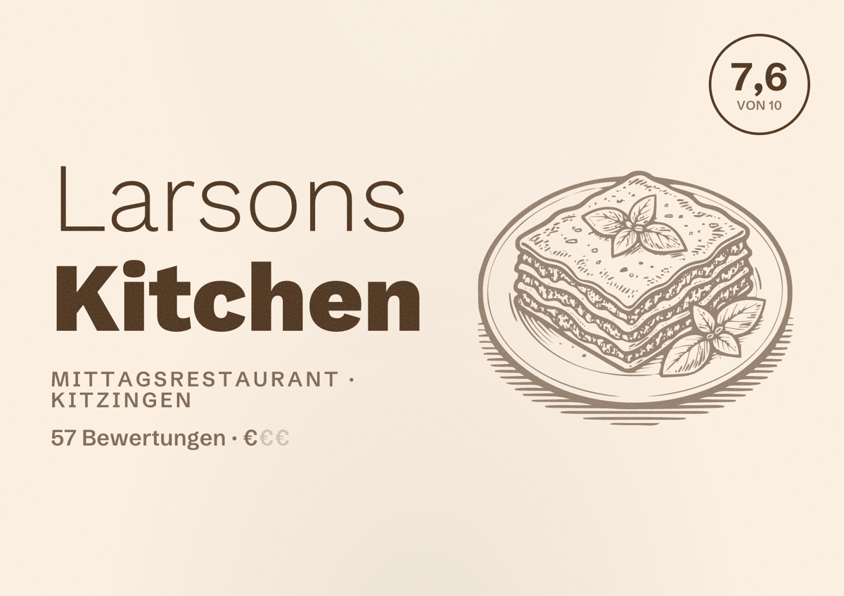 Illustriertes Poster von Larsons Kitchen, Mittagsrestaurant in Kitzingen: Bewertung 7,6 von 10 aus 57 Bewertungen, Preisniveau €
