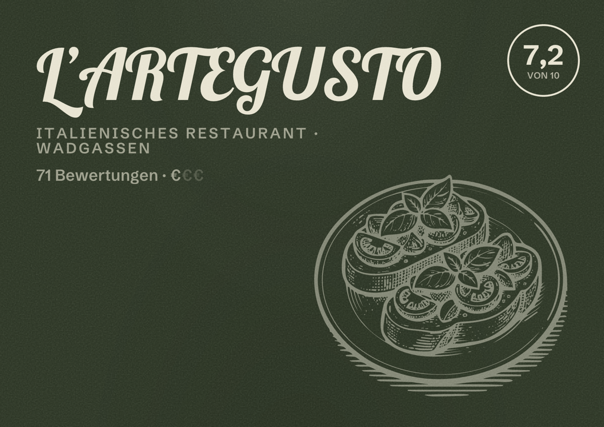 Illustriertes Poster von L’ARTEGUSTO, Italienisches Restaurant in Wadgassen: Bewertung 7,2 von 10 aus 71 Bewertungen, Preisniveau €
