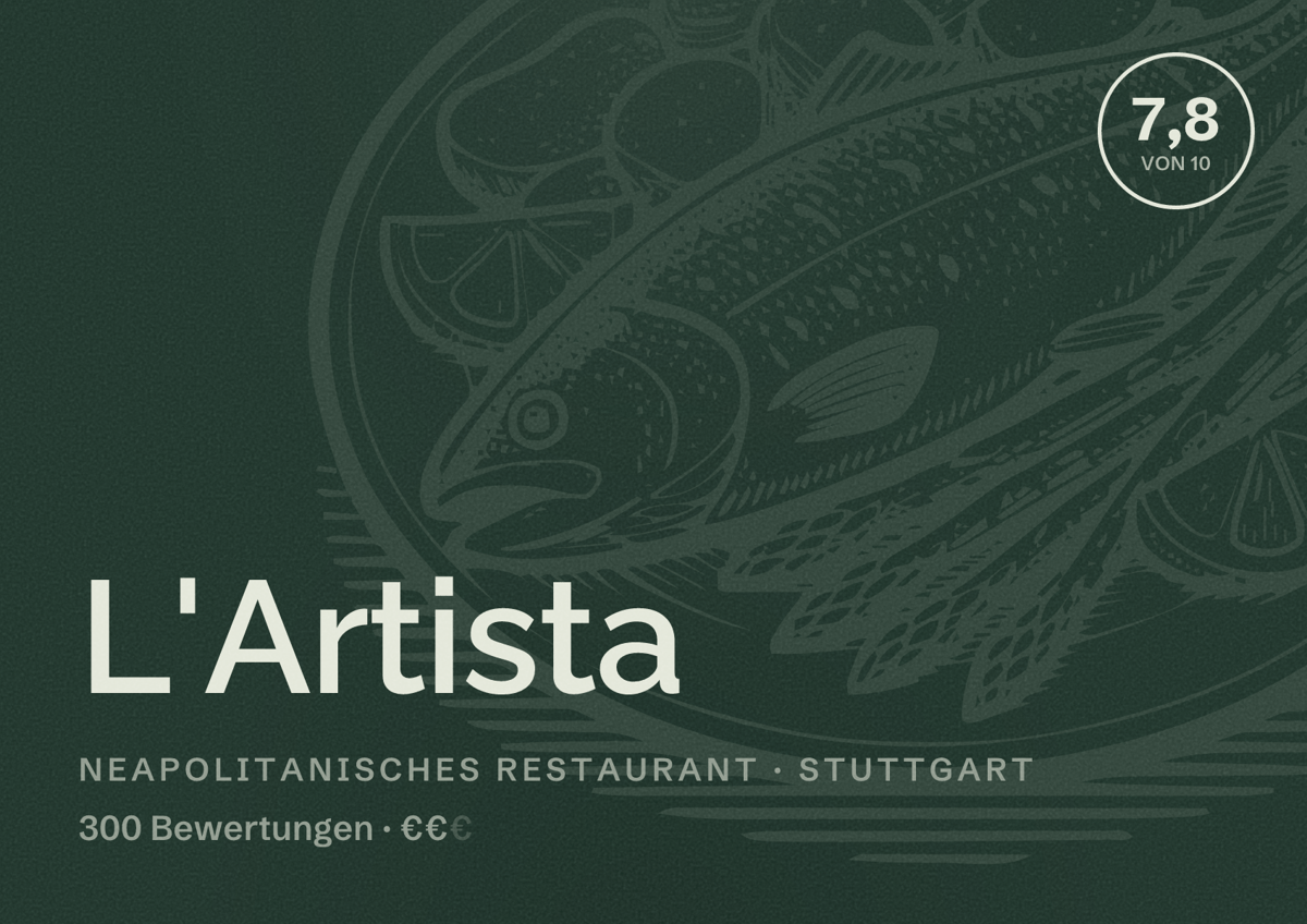 Illustriertes Poster von L'Artista, Neapolitanisches Restaurant in Stuttgart: Bewertung 7,8 von 10 aus 300 Bewertungen, Preisniveau €€