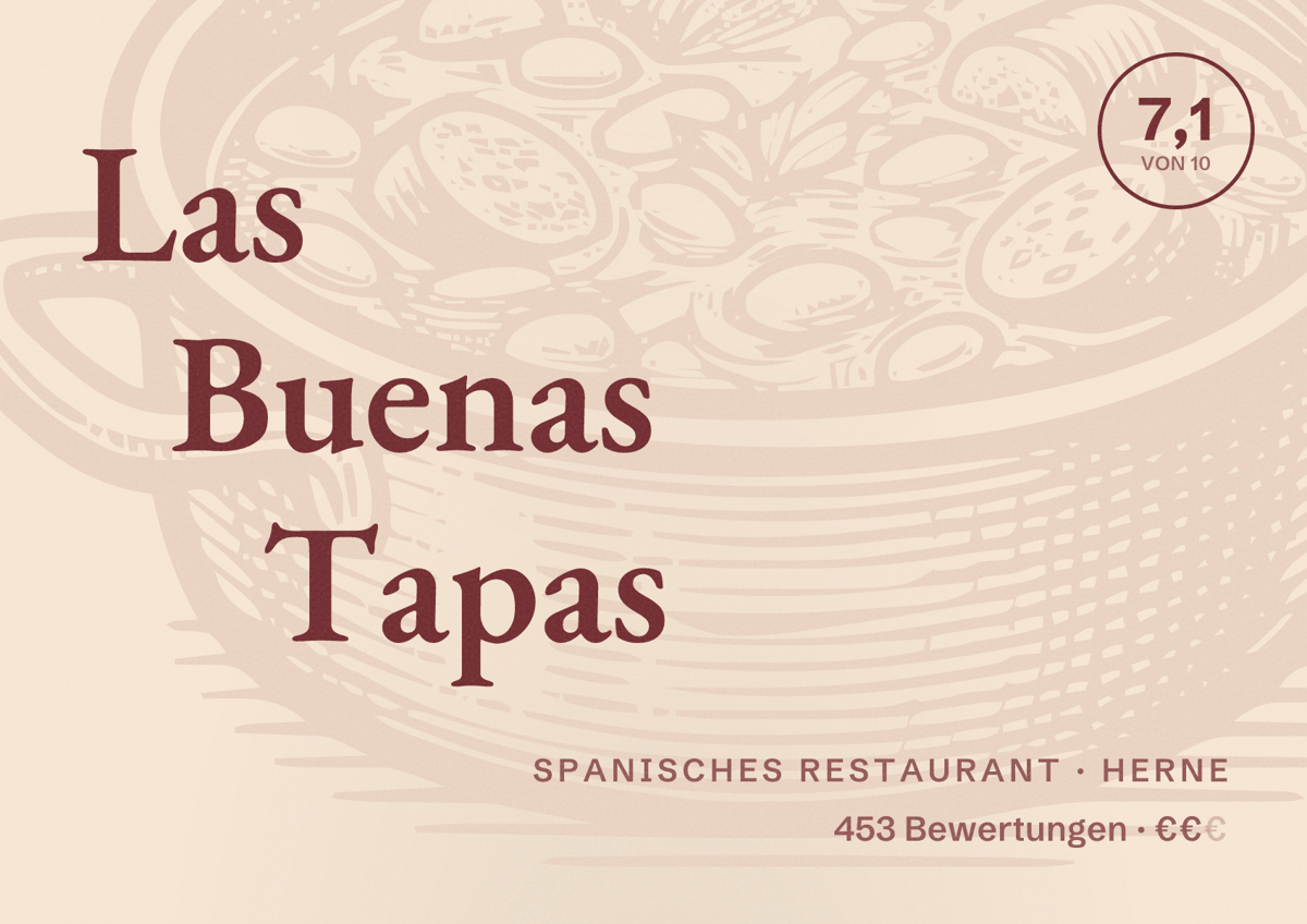 Illustriertes Poster von Las Buenas Tapas, Spanisches Restaurant in Herne: Bewertung 7,1 von 10 aus 453 Bewertungen, Preisniveau €€